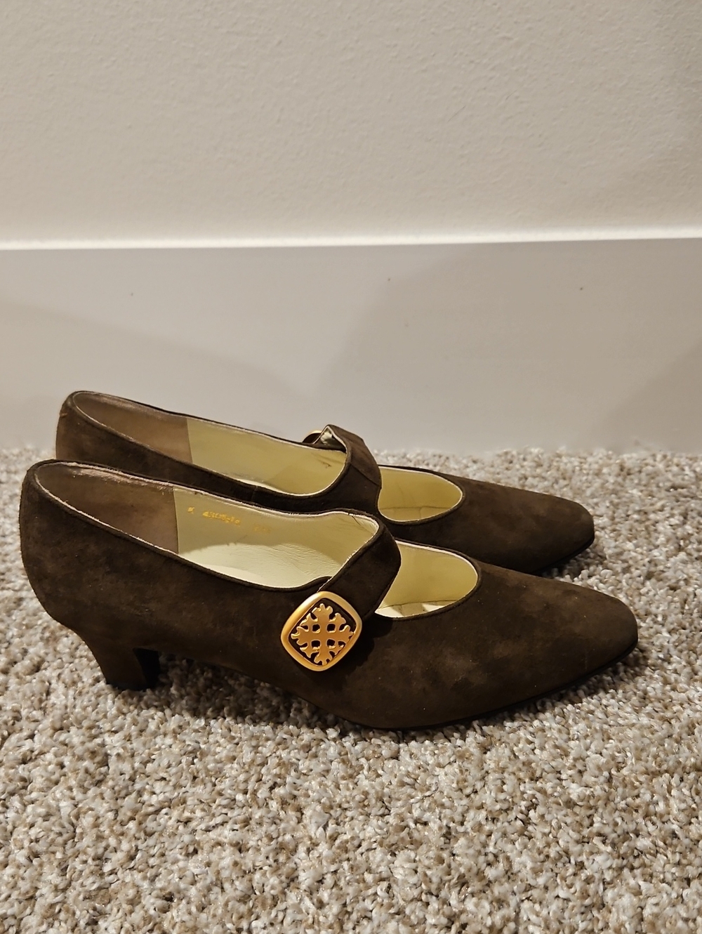 Classic Brown Suede Mary Jane Heels with Gold Accent